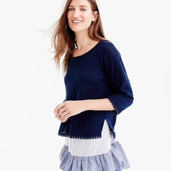 J. Crew Navy Linen Sweater with Pom Pom Trim, Med - Picture 1 of 11